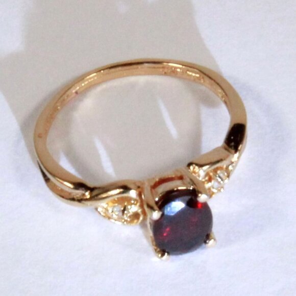 Vintage Gold Tone Ring with a Faux Garnet and Clear Rhinestones - Picture 3 of 7
